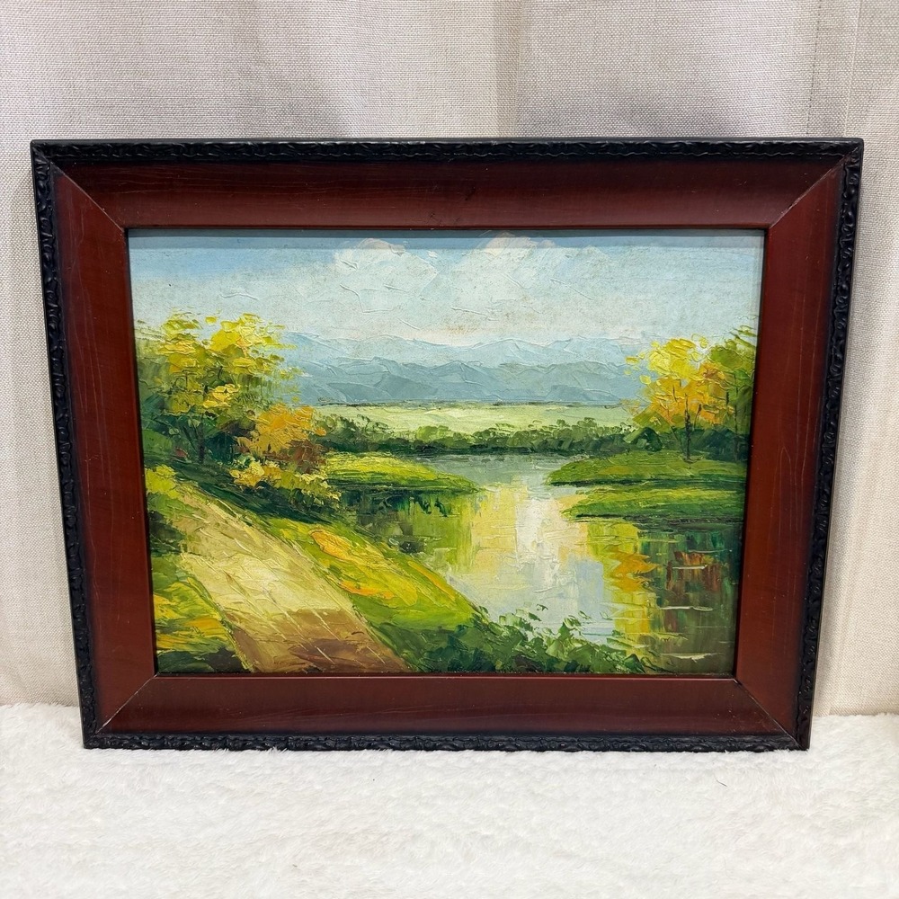 Impressionist Landscape Oil Painting with River and‎ Mountains in Wood Frame